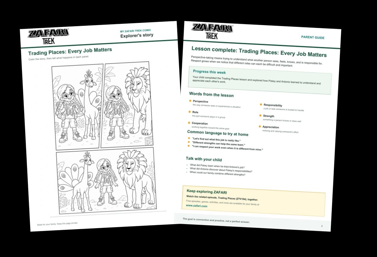 Two personalized ZAFARI TREK take-home pages: a coloring comic featuring the child's avatar and a parent lesson guide